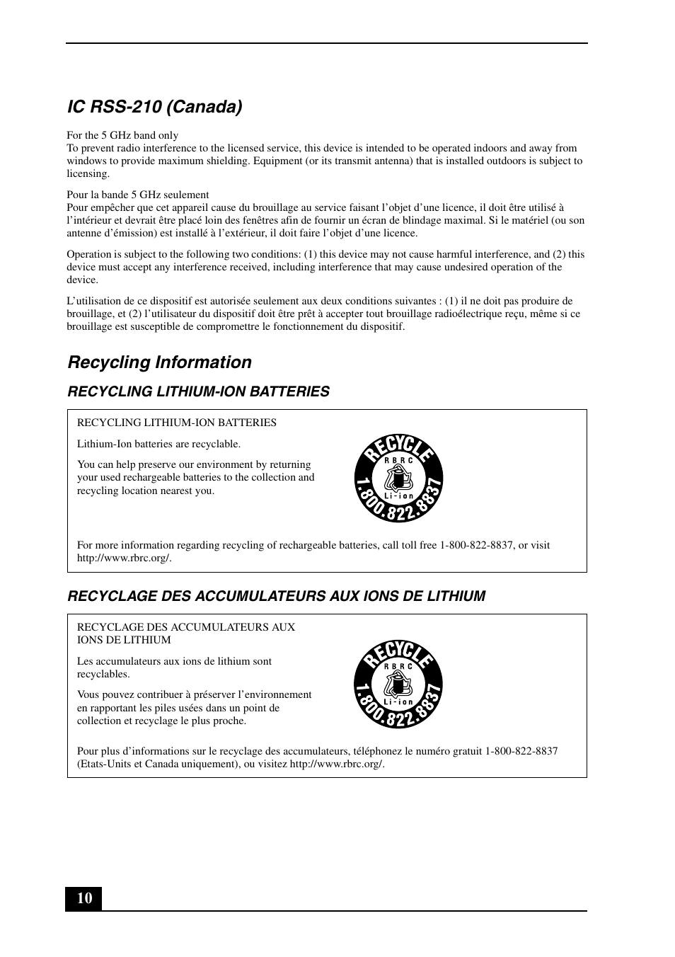 Ic rss-210 (canada), Recycling information | Sony VPCS131FM User Manual | Page 10 / 28