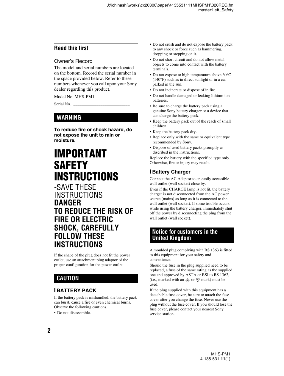 Read this first, Important safety instructions | Sony bloggie  MHS-PM1 User Manual | Page 2 / 40