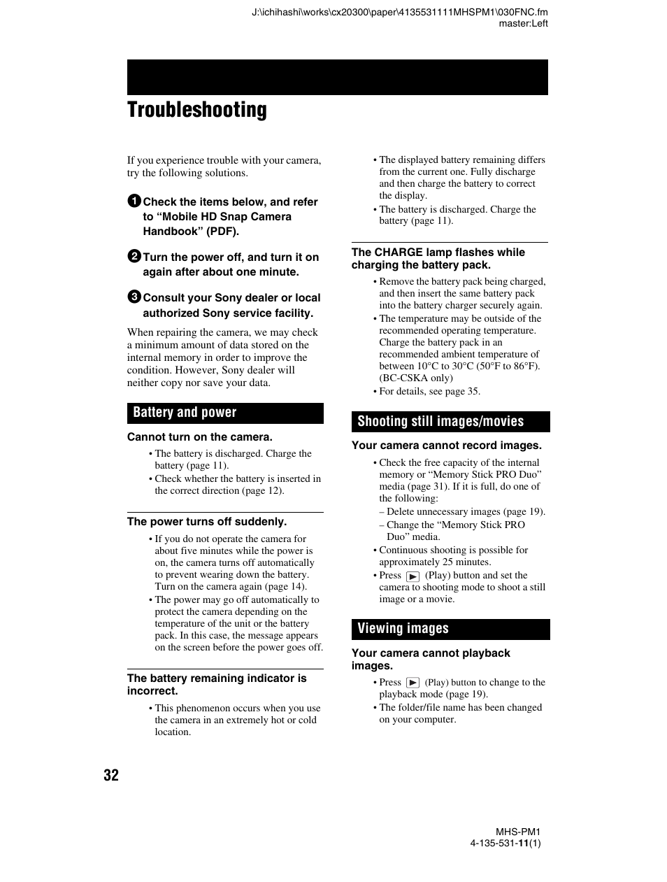 Troubleshooting, Battery and power, Shooting still images/movies | Viewing images | Sony bloggie  MHS-PM1 User Manual | Page 32 / 40