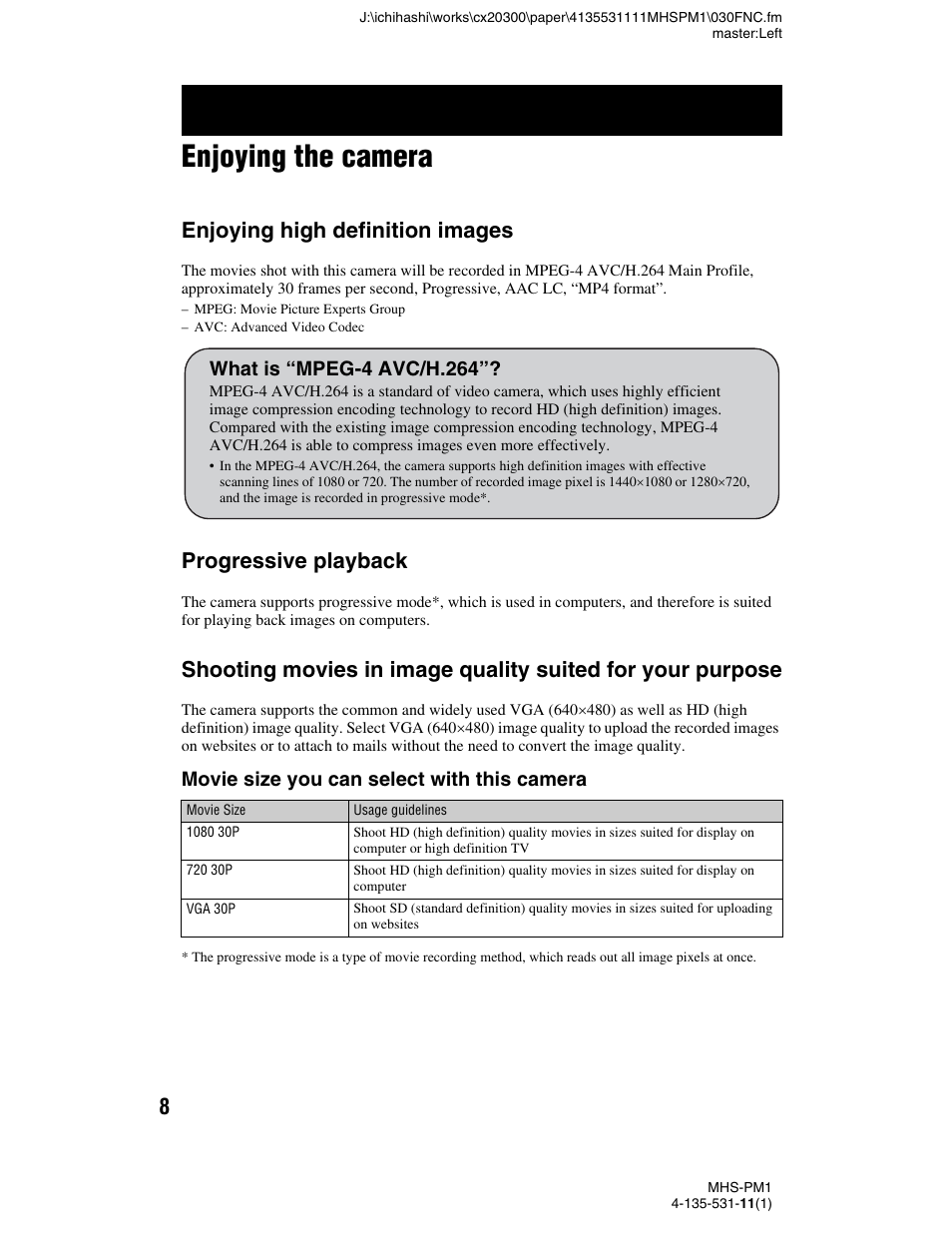 Enjoying the camera, Enjoying high definition images, Progressive playback | Movie size you can select with this camera, What is “mpeg-4 avc/h.264 | Sony bloggie  MHS-PM1 User Manual | Page 8 / 40
