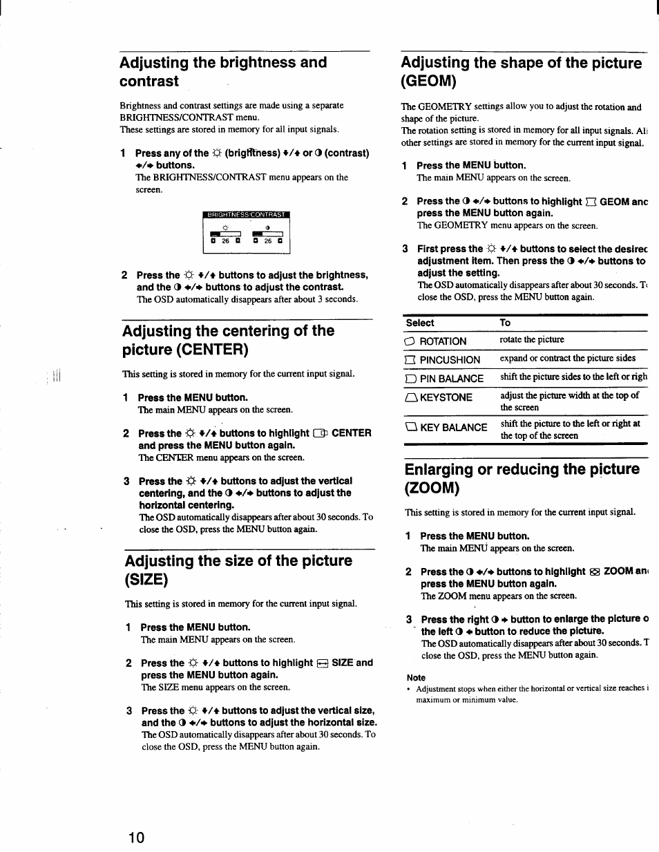 Adjusting the brightness and contrast, Adjusting the centering of the picture (center), Adjusting the size of the picture (size) | Adjusting the shape of the picture (geom), Enlarging or reducing the picture (zoom) | Sony CPD-420GS User Manual | Page 10 / 19