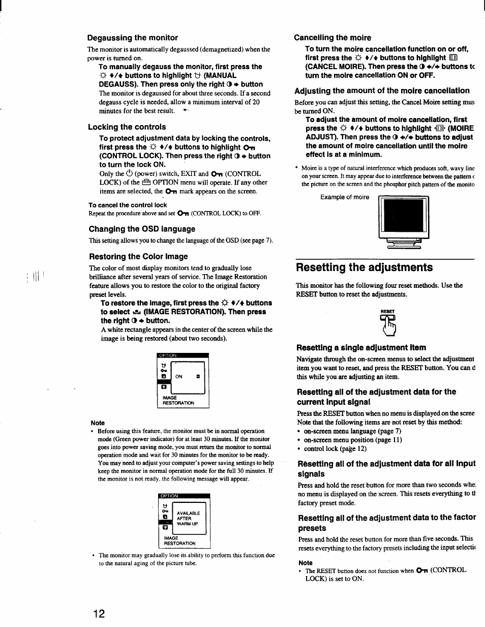 Degaussing the monitor, Locking the controls, Changing the osd ianguage | Restoring the coior image, Cancelling the moire, Adjusting the amount of the moire cancellation, Resetting the adjustments, Resetting a single adjustment item | Sony CPD-420GS User Manual | Page 12 / 19