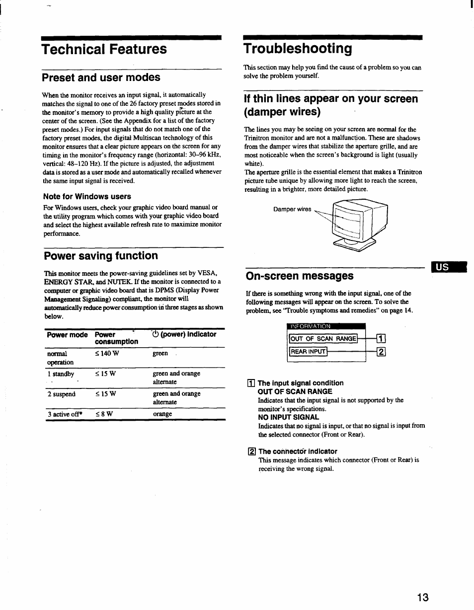 Technical features, Preset and user modes, Note for windows users | Power saving function, Troubleshooting, If thin lines appear on your screen (damper wires), On-screen messages, Q] the input signal condition out of scan range, No input signal, D] the cohhectdr indicator | Sony CPD-420GS User Manual | Page 13 / 19