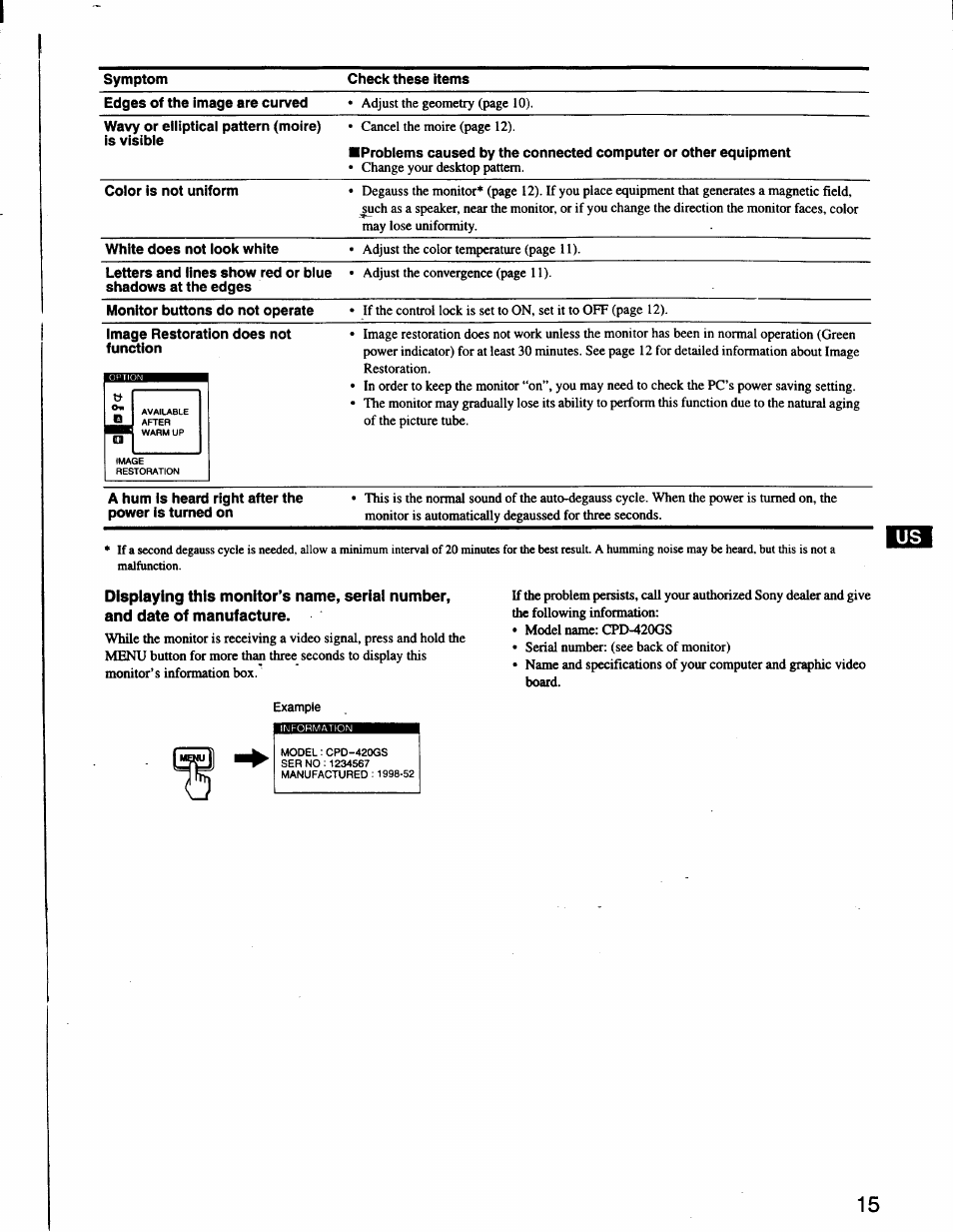 Image restoration does not function | Sony CPD-420GS User Manual | Page 15 / 19