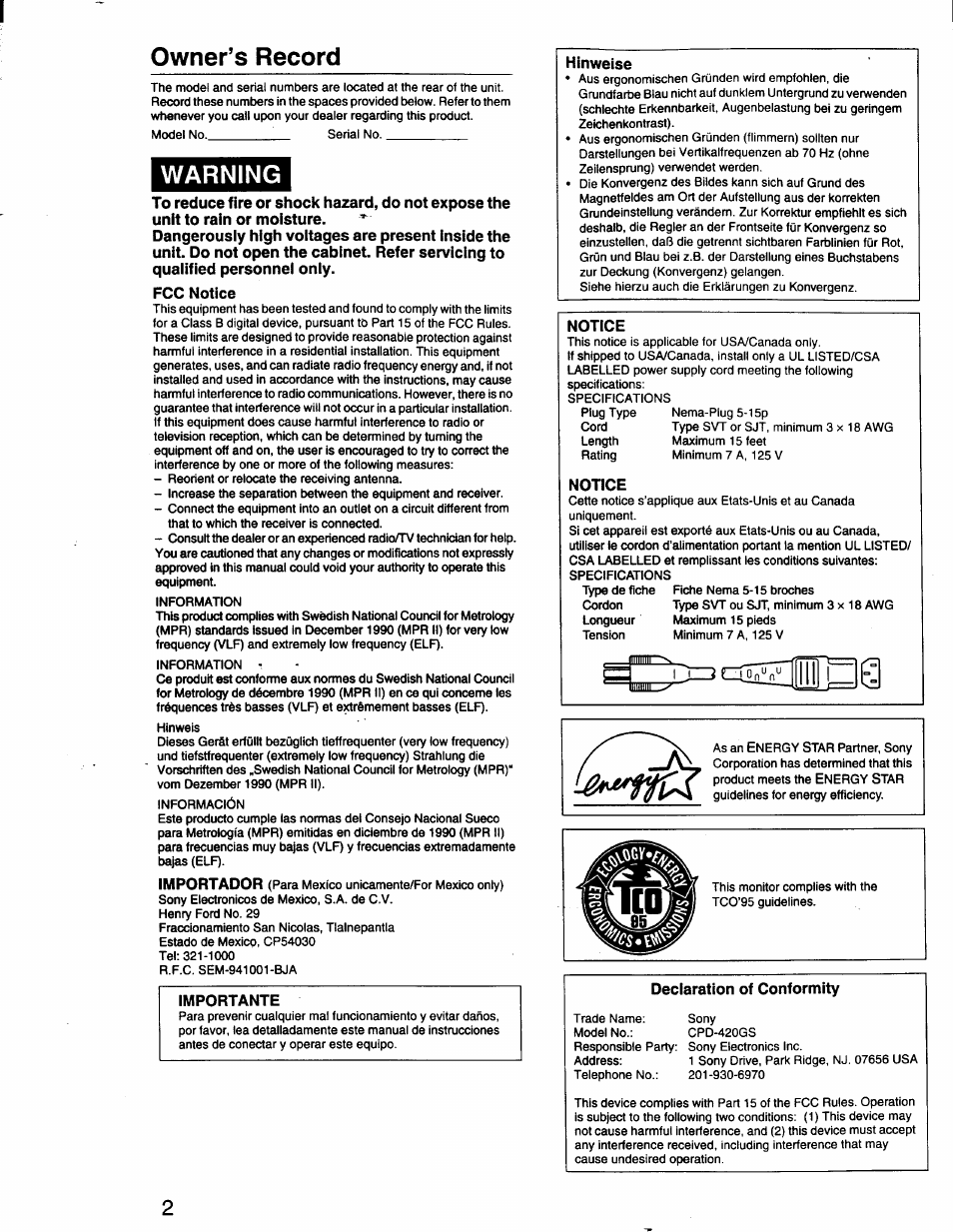 Owner’s record, Warning, Fcc notice | Importante, Declaration of conformity, Mltofl | Sony CPD-420GS User Manual | Page 2 / 19