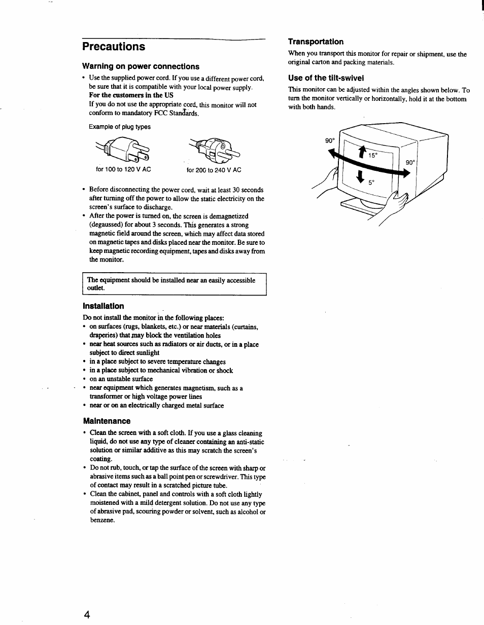 Precautions, Warning on power connections, Transportation | Use of the tilt-swivel, Installation, Maintenance | Sony CPD-420GS User Manual | Page 4 / 19