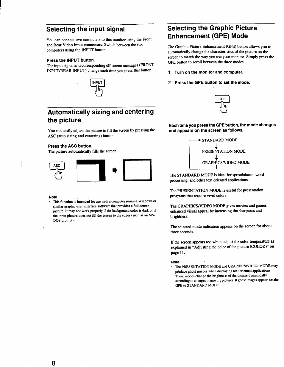 Selecting the input signal, Press the input button, Automatically sizing and centering the picture | Press the asc button, 1 turn on the monitor and computer, 2 press the gpe button to set the mode | Sony CPD-420GS User Manual | Page 8 / 19