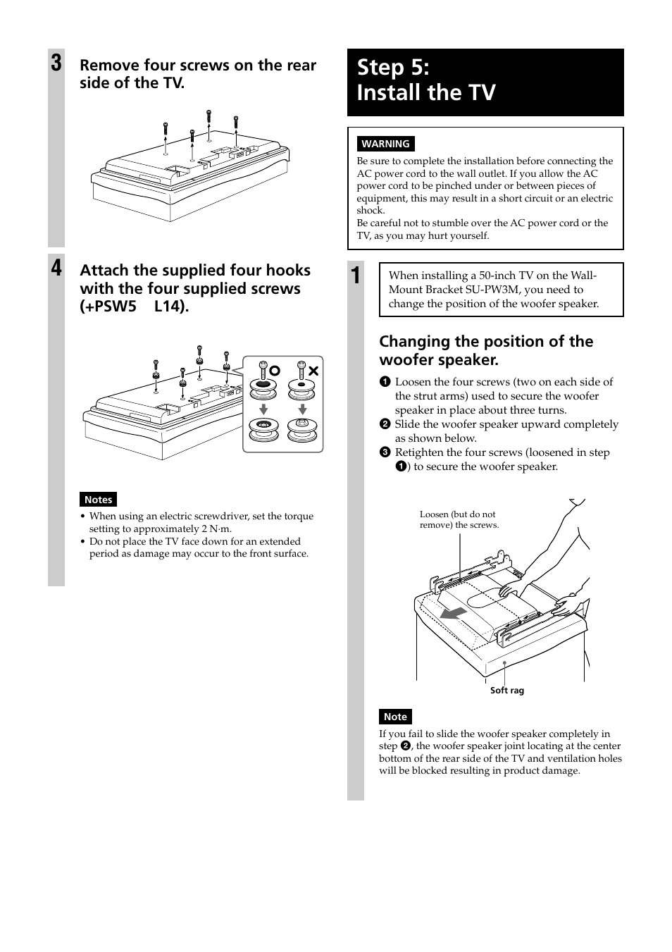Step 5: install the tv, Changing the position of the woofer speaker, Remove four screws on the rear side of the tv | Sony KDE-37XS955 User Manual | Page 10 / 52