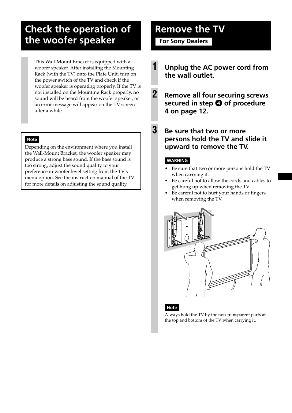 Check the operation of the woofer speaker, Remove the tv, Remove the tv 1 | Sony KDE-37XS955 User Manual | Page 13 / 52