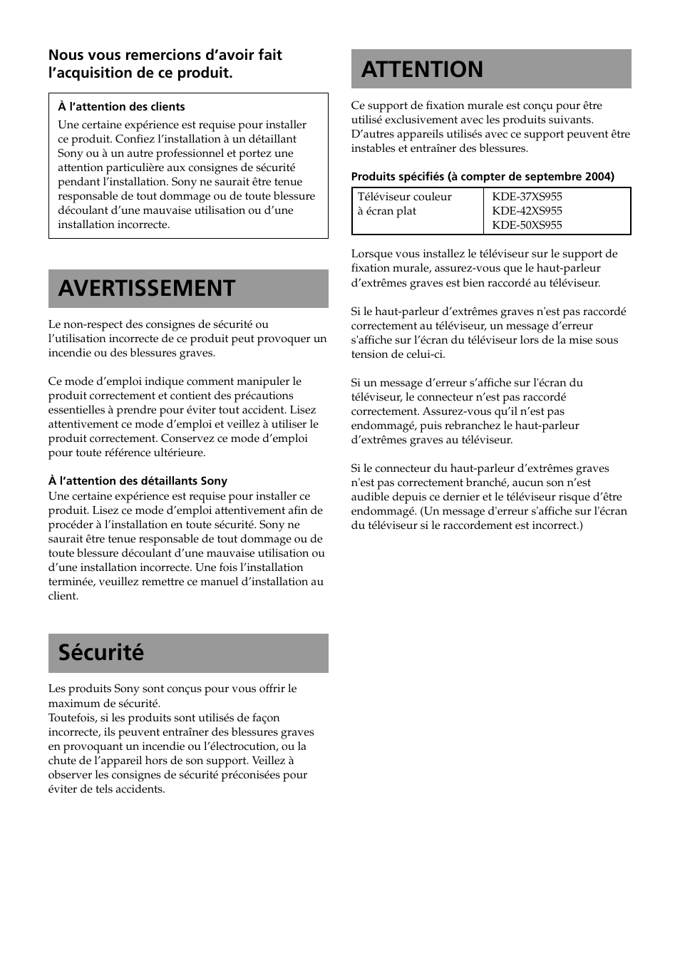 Francais (fr), Avertissement, Sécurité | Attention | Sony KDE-37XS955 User Manual | Page 18 / 52