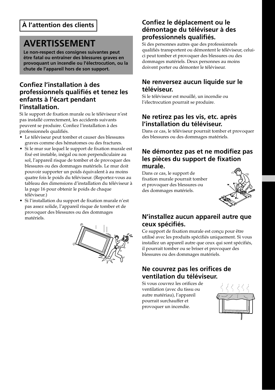 Avertissement, À l’attention des clients, Ne renversez aucun liquide sur le téléviseur | Sony KDE-37XS955 User Manual | Page 19 / 52