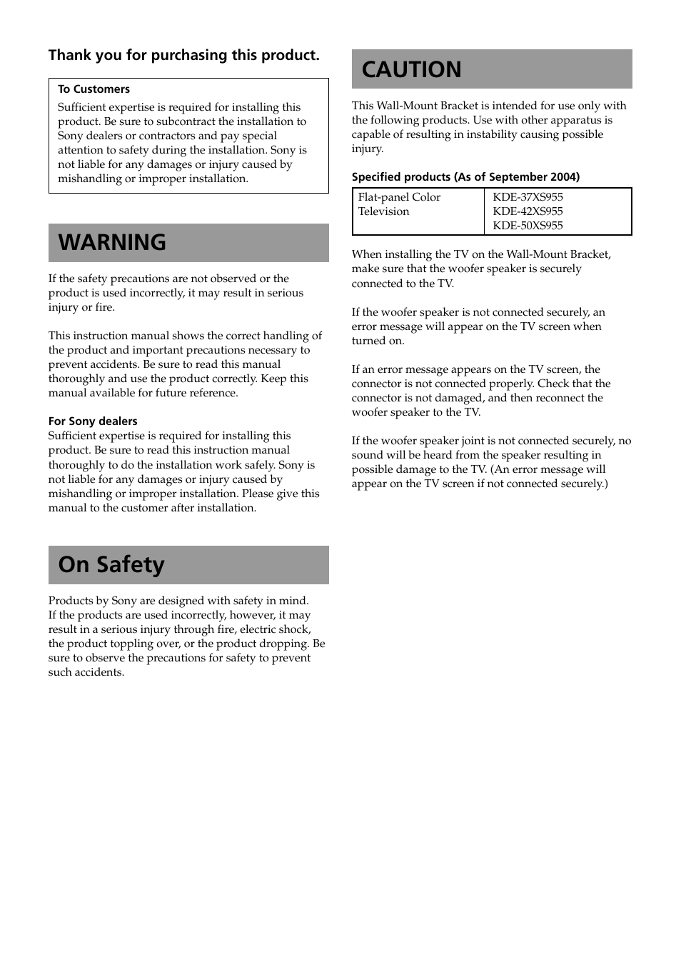 English (us), Warning, Caution | On safety | Sony KDE-37XS955 User Manual | Page 2 / 52