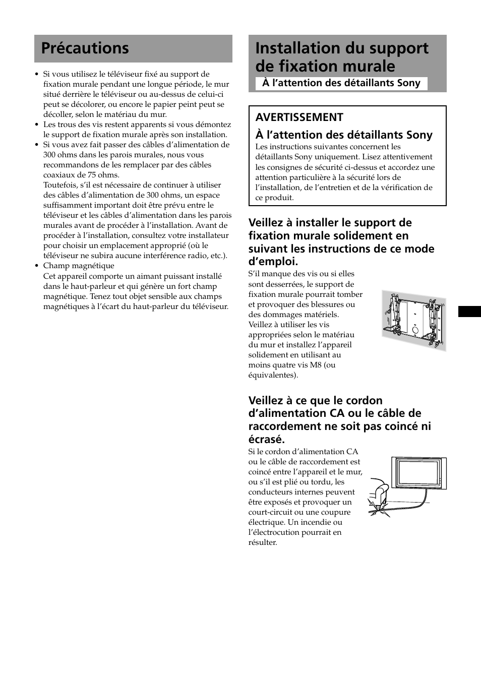 Précautions, Installation du support de fixation murale | Sony KDE-37XS955 User Manual | Page 21 / 52