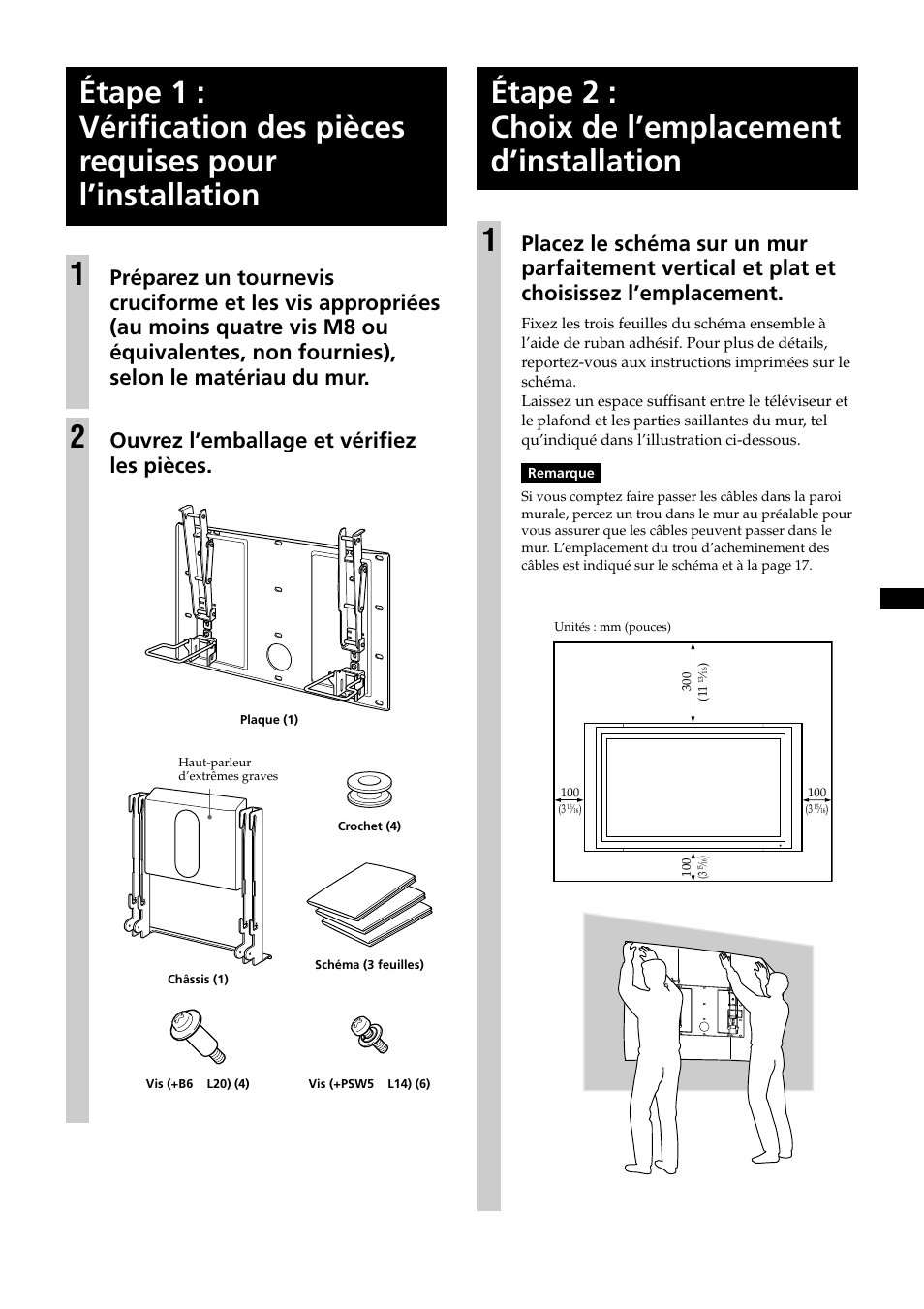 Instructions, Etape 2 : choix de l’emplacement d’installation, Étape 2 : choix de l’emplacement d’installation 1 | Ouvrez l’emballage et vérifiez les pièces | Sony KDE-37XS955 User Manual | Page 23 / 52