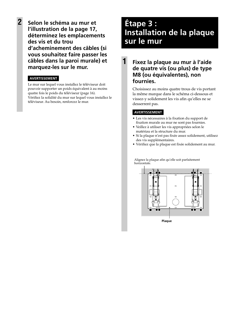 Etape 3 : installation de la plaque sur le mur, Étape 3 : installation de la plaque sur le mur 1 | Sony KDE-37XS955 User Manual | Page 24 / 52