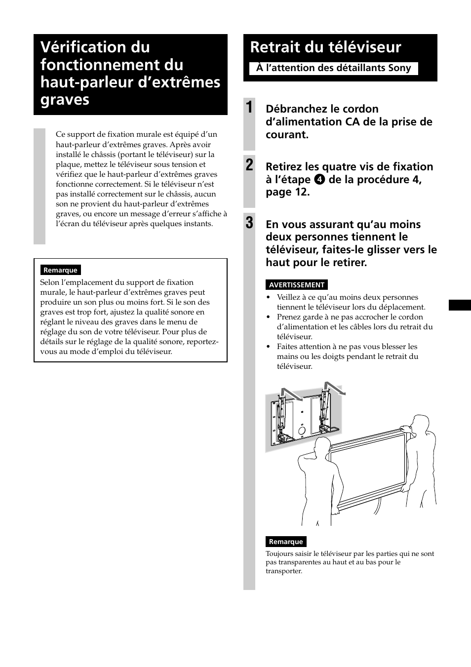 Retrait du televiseur, Retrait du téléviseur 1 | Sony KDE-37XS955 User Manual | Page 29 / 52