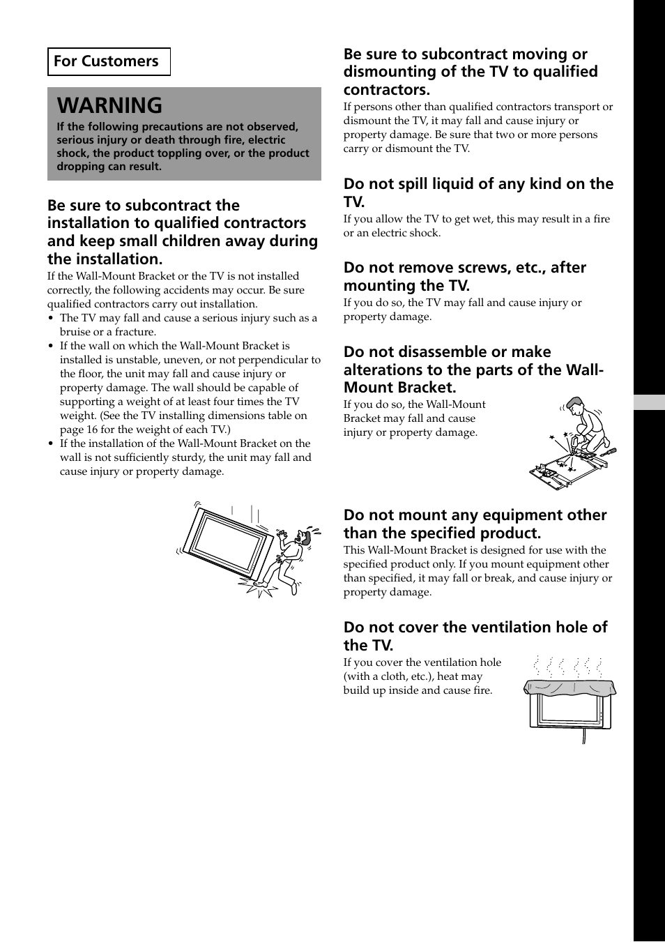 Warning, For customers, Do not spill liquid of any kind on the tv | Do not remove screws, etc., after mounting the tv, Do not cover the ventilation hole of the tv | Sony KDE-37XS955 User Manual | Page 3 / 52