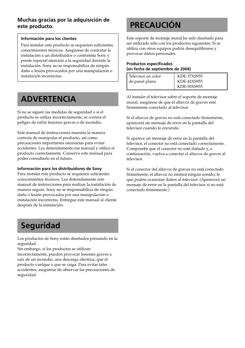 Espanol (es), Advertencia, Seguridad | Precaución | Sony KDE-37XS955 User Manual | Page 34 / 52