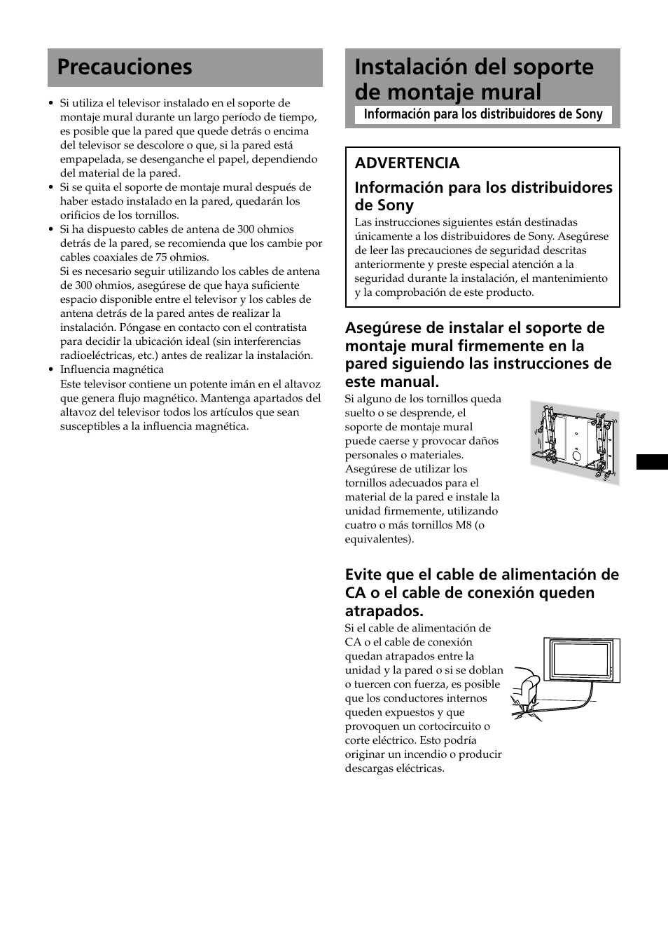 Precauciones, Instalación del soporte de montaje mural | Sony KDE-37XS955 User Manual | Page 37 / 52