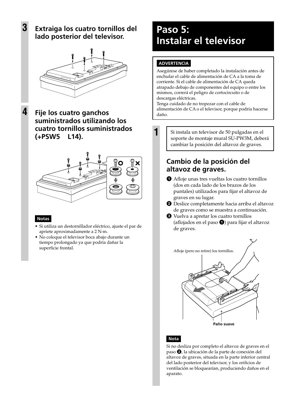 Paso 5: instalar el televisor, Cambio de la posición del altavoz de graves | Sony KDE-37XS955 User Manual | Page 42 / 52