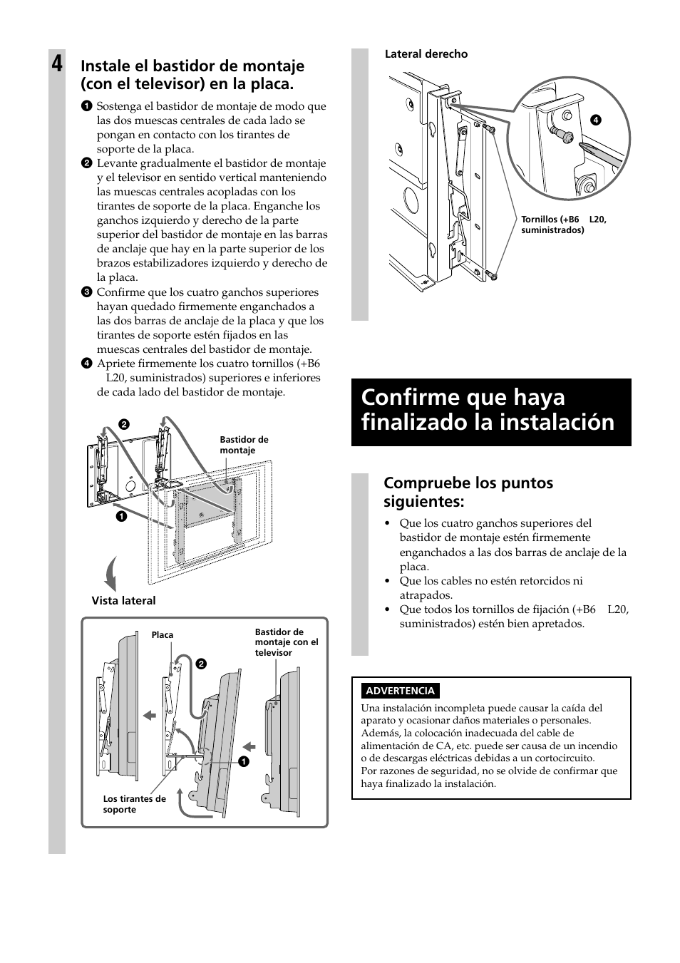 Confirme que haya finalizado la instalacion, Confirme que haya finalizado la instalación, Compruebe los puntos siguientes | Sony KDE-37XS955 User Manual | Page 44 / 52