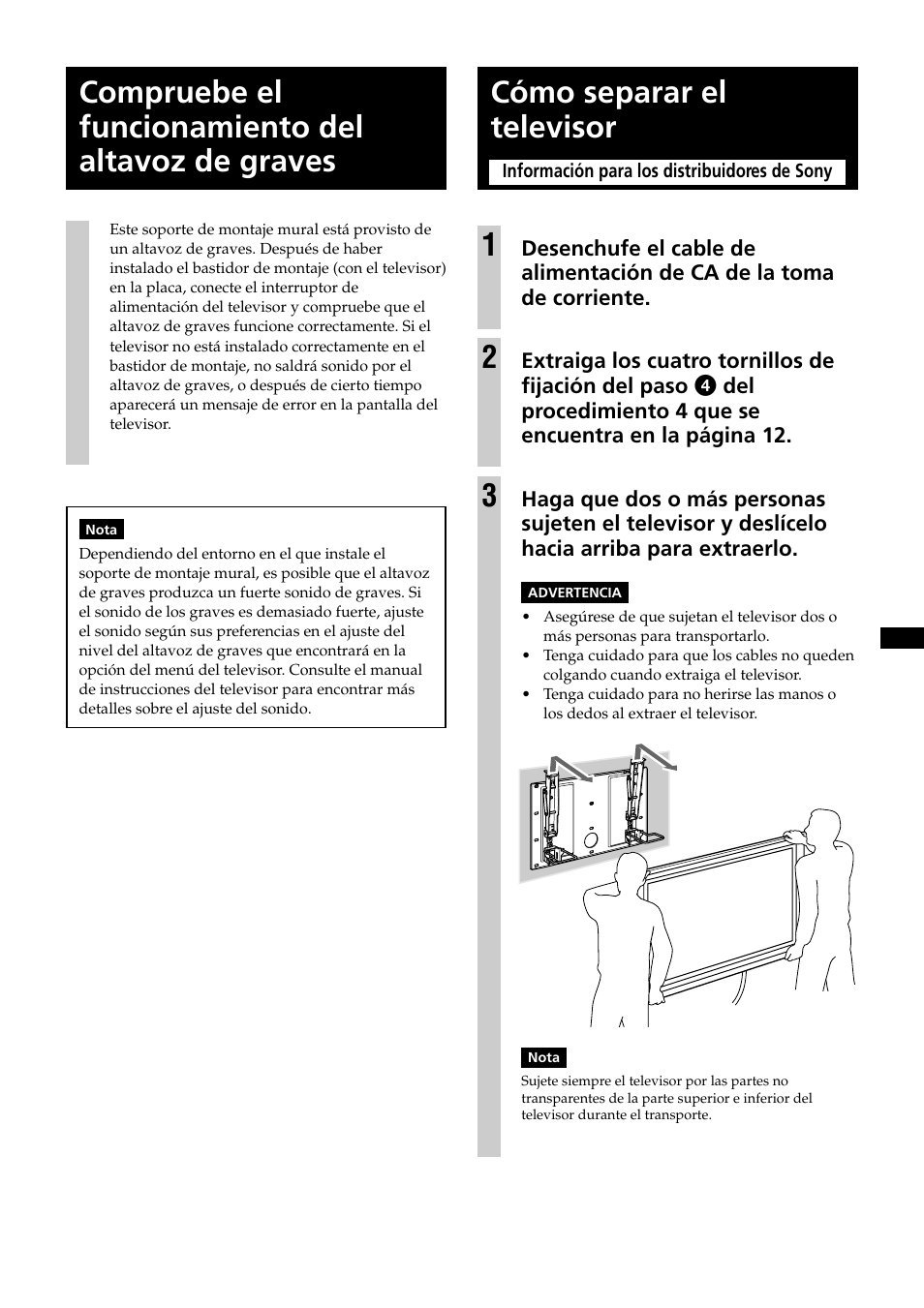 Compruebe el funcionamiento del altavoz de graves, Como separar el televisor, Cómo separar el televisor 1 | Sony KDE-37XS955 User Manual | Page 45 / 52