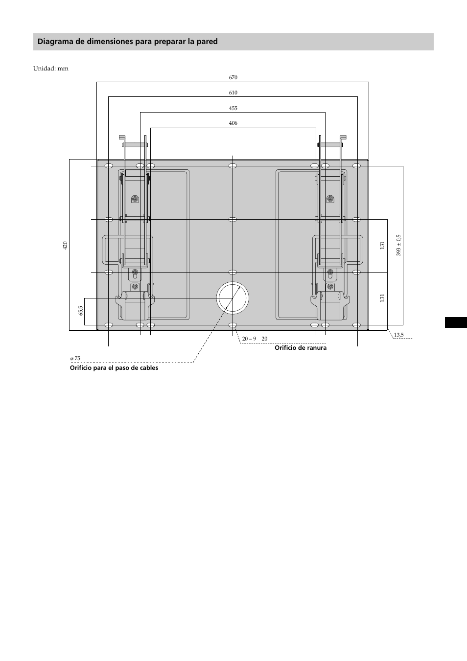 Diagrama de dimensiones para preparar la pared | Sony KDE-37XS955 User Manual | Page 49 / 52