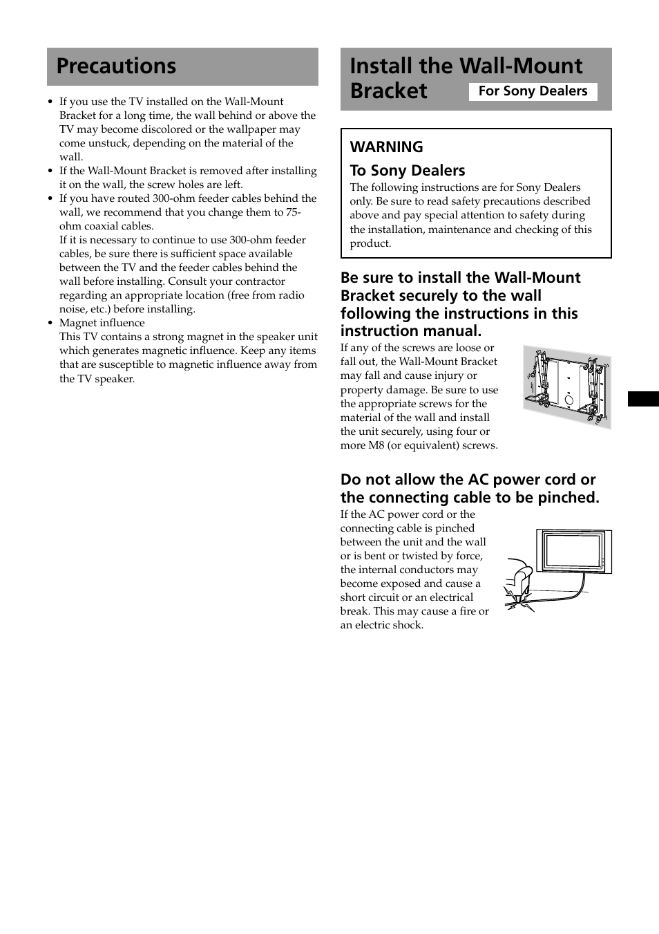 Precautions, Install the wall-mount bracket | Sony KDE-37XS955 User Manual | Page 5 / 52