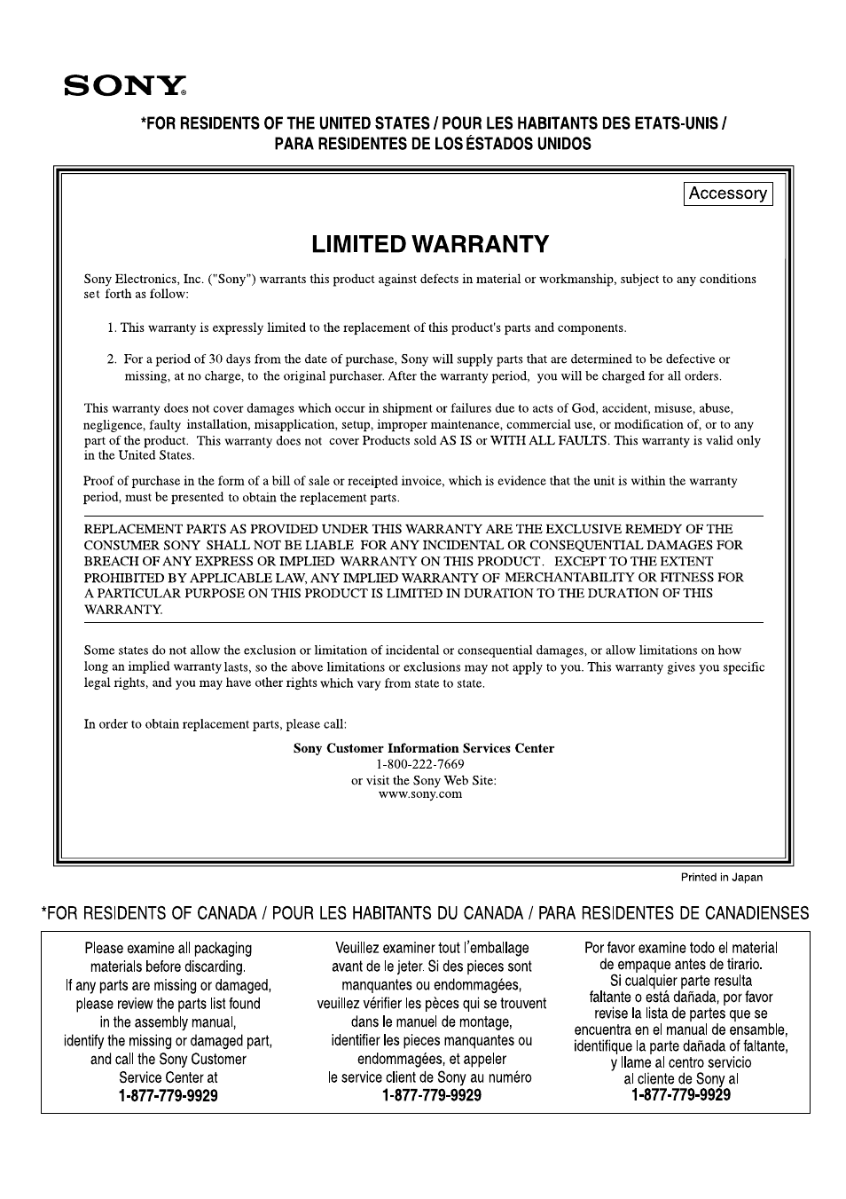 Warranty | Sony KDE-37XS955 User Manual | Page 50 / 52