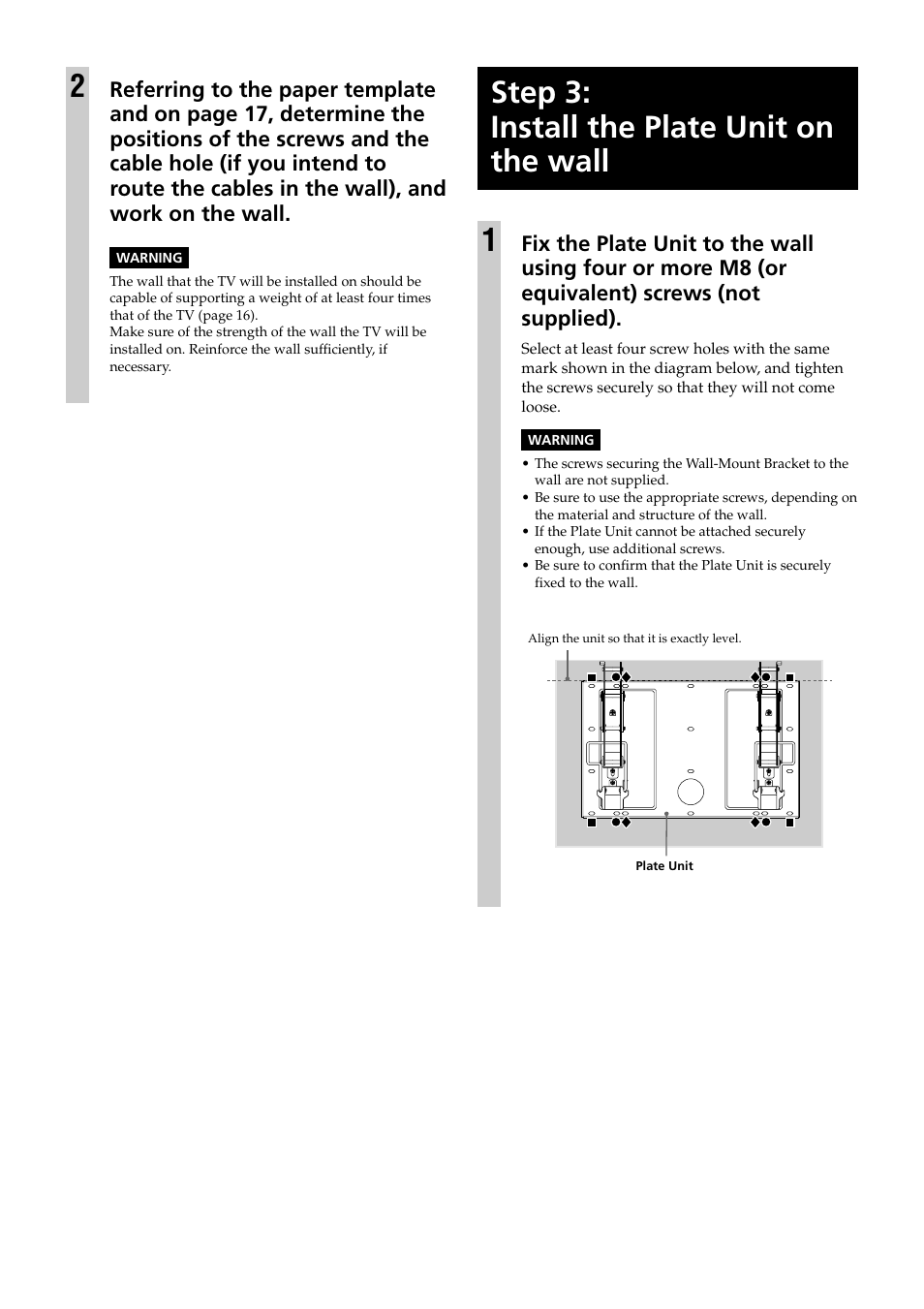 Step 3: install the plate unit on the wall, Step 3: install the plate unit on the wall 1 | Sony KDE-37XS955 User Manual | Page 8 / 52