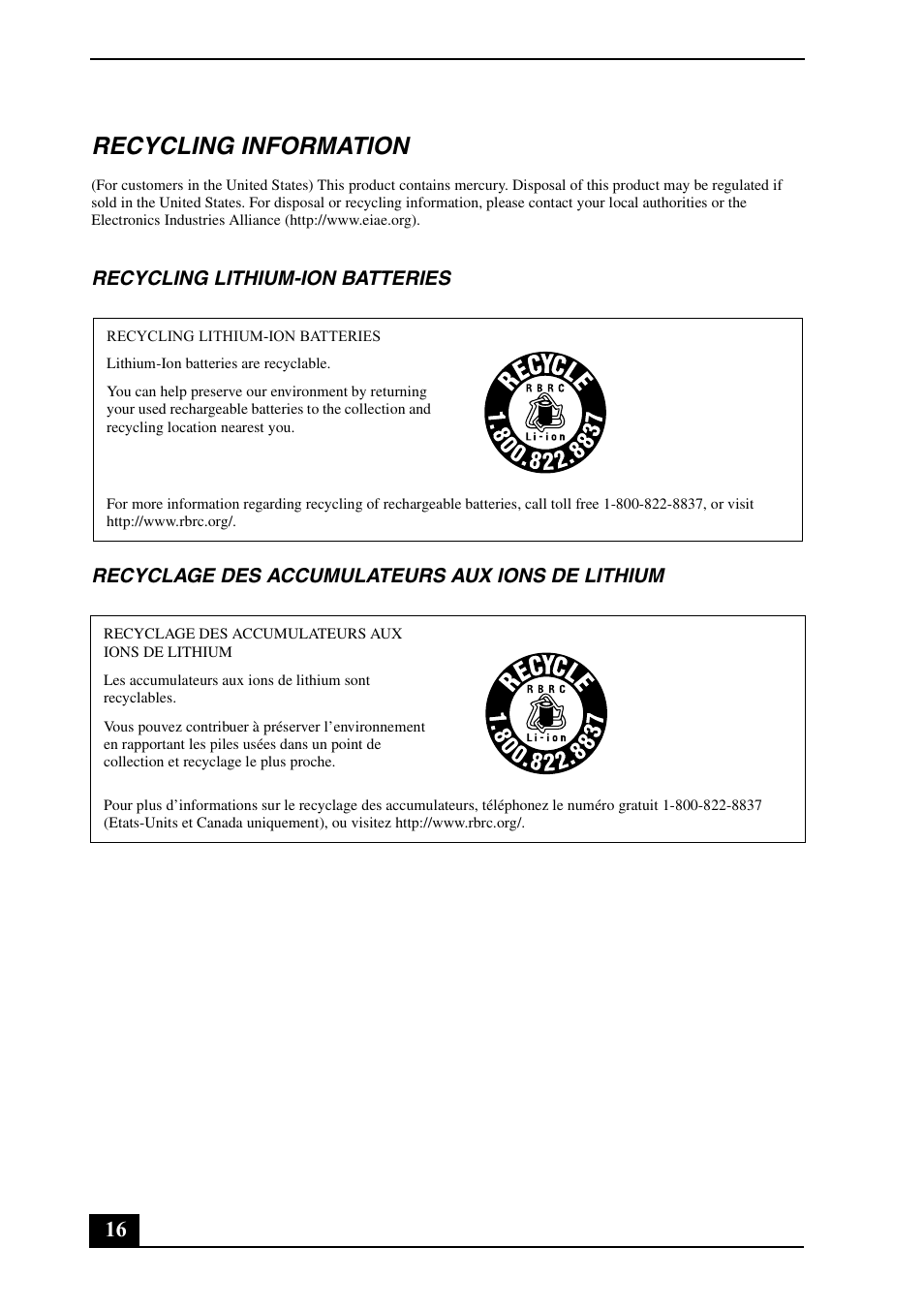 Recycling information | Sony VGN-TXN19P User Manual | Page 16 / 24