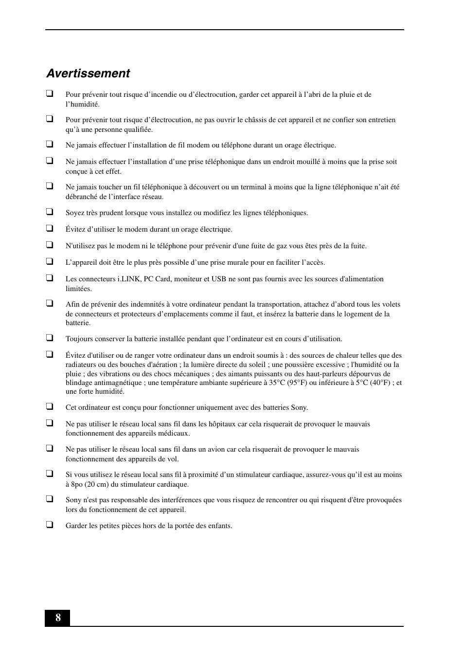 Avertissement | Sony VGN-TXN19P User Manual | Page 8 / 24
