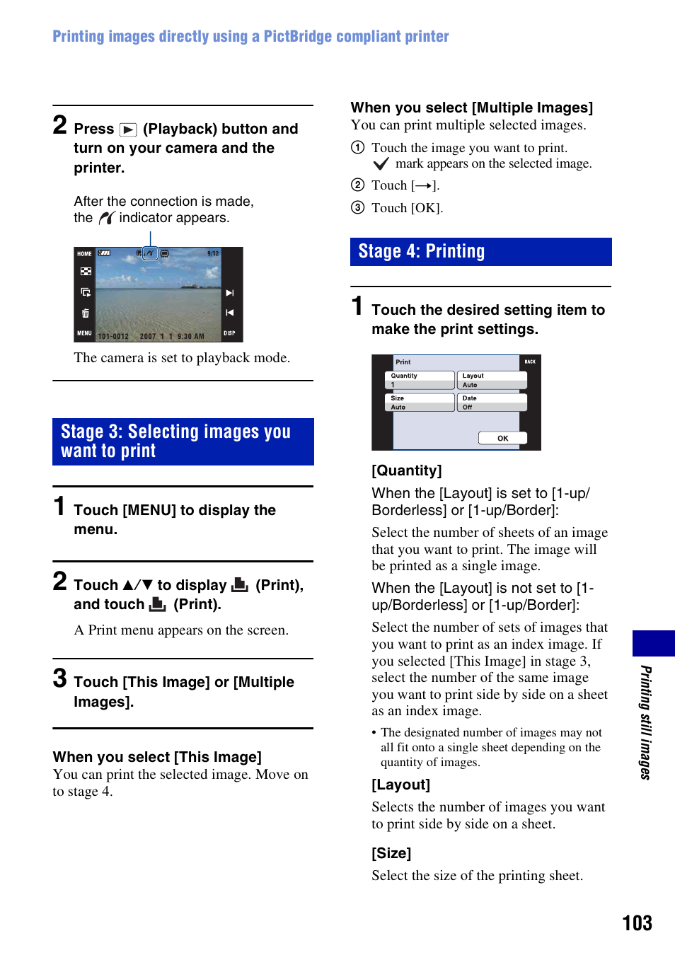 Stage 3: selecting images you want to print, Stage 4: printing | Sony DSC-T200 User Manual | Page 103 / 131