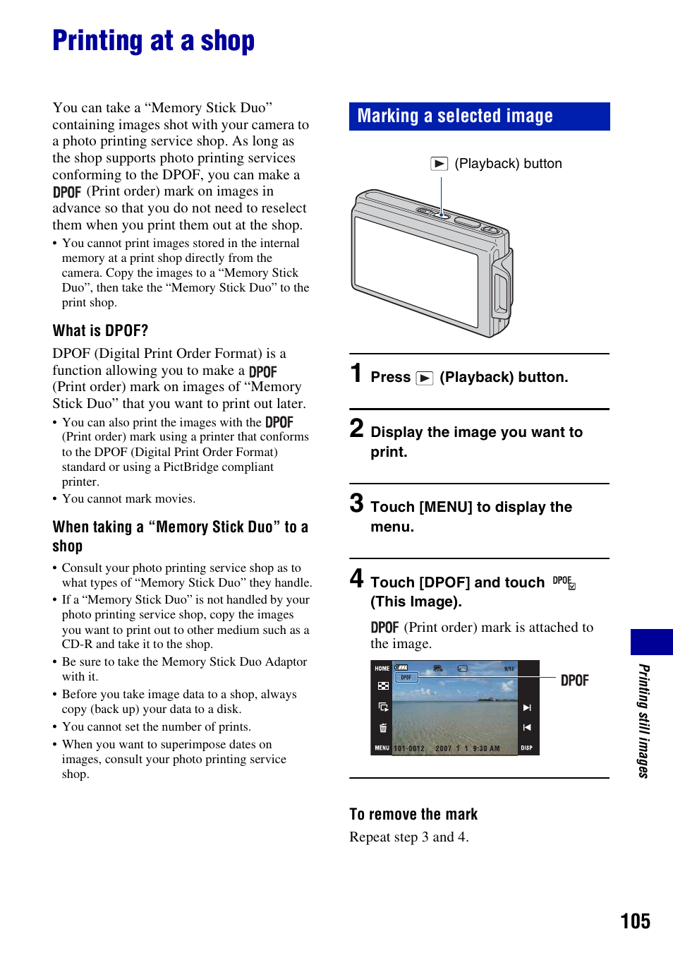 Printing at a shop, Marking a selected image | Sony DSC-T200 User Manual | Page 105 / 131