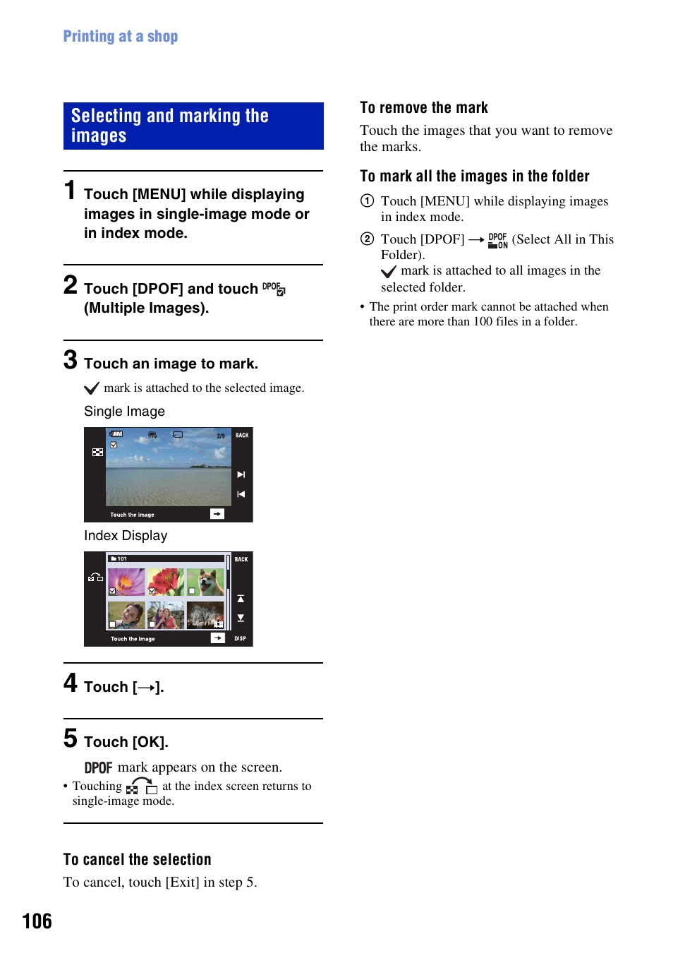 Selecting and marking the images | Sony DSC-T200 User Manual | Page 106 / 131