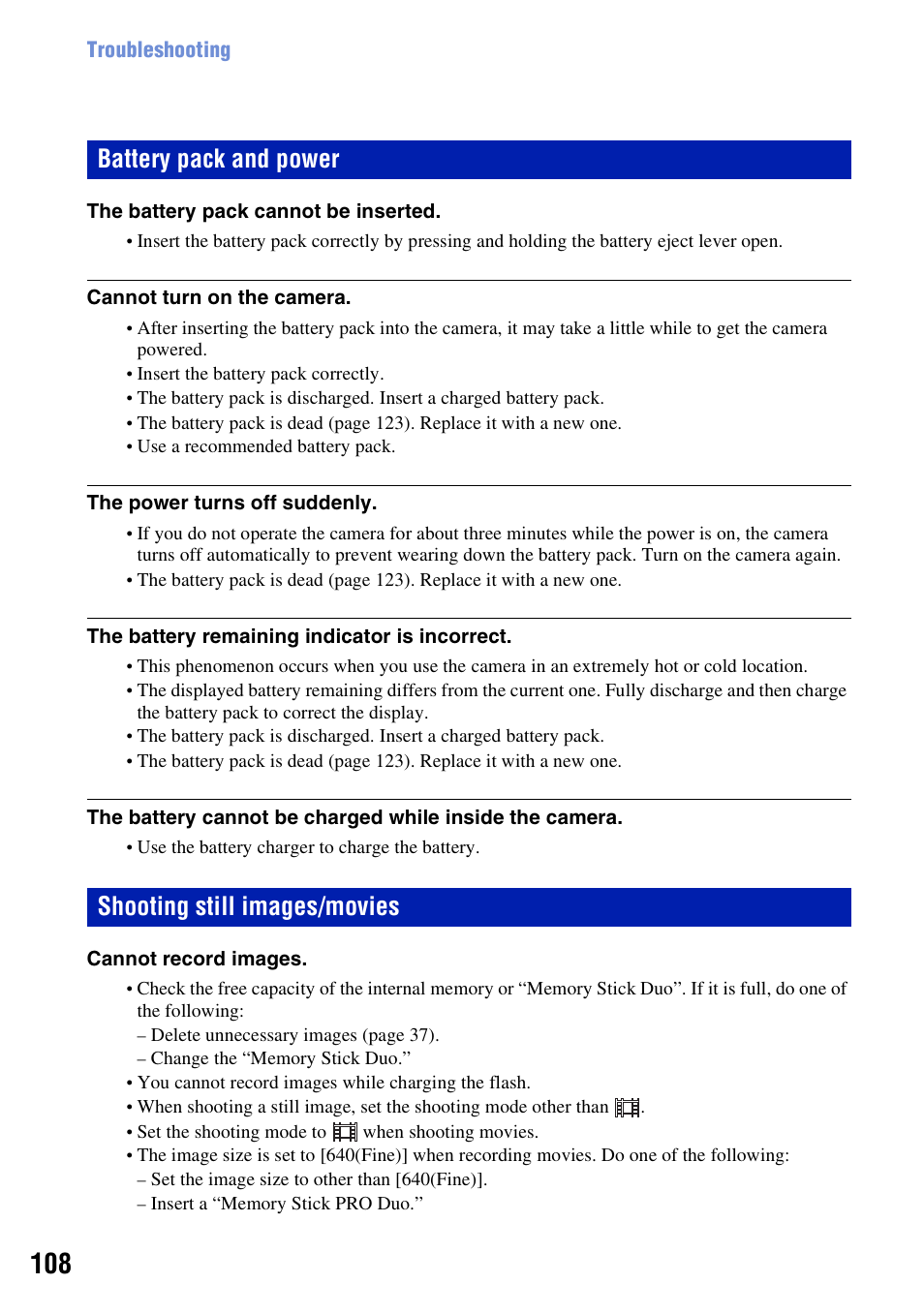 Battery pack and power, Shooting still images/movies | Sony DSC-T200 User Manual | Page 108 / 131