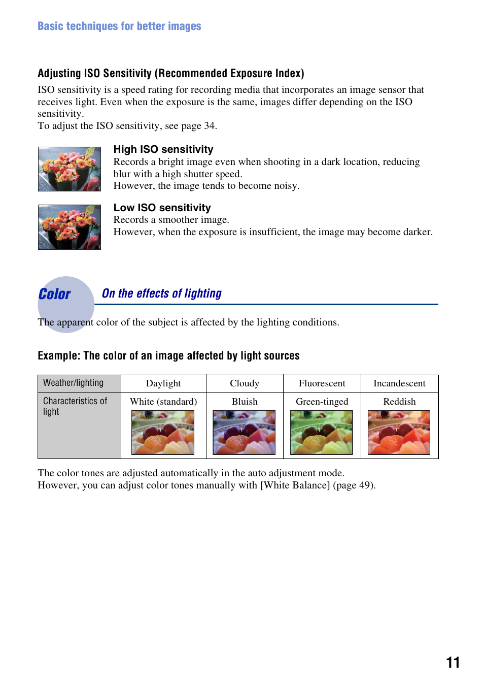 Color - on the effects of lighting, Color, On the effects of lighting | Sony DSC-T200 User Manual | Page 11 / 131