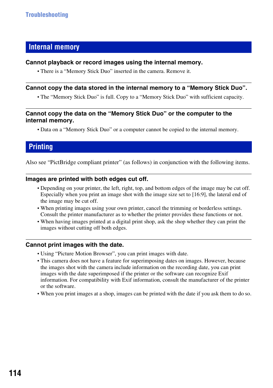 Internal memory, Printing | Sony DSC-T200 User Manual | Page 114 / 131
