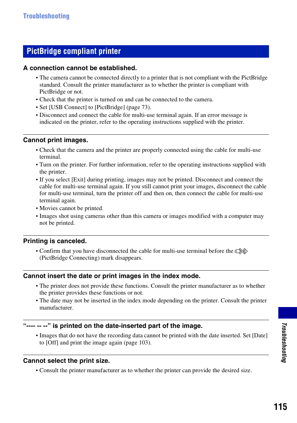 Pictbridge compliant printer | Sony DSC-T200 User Manual | Page 115 / 131