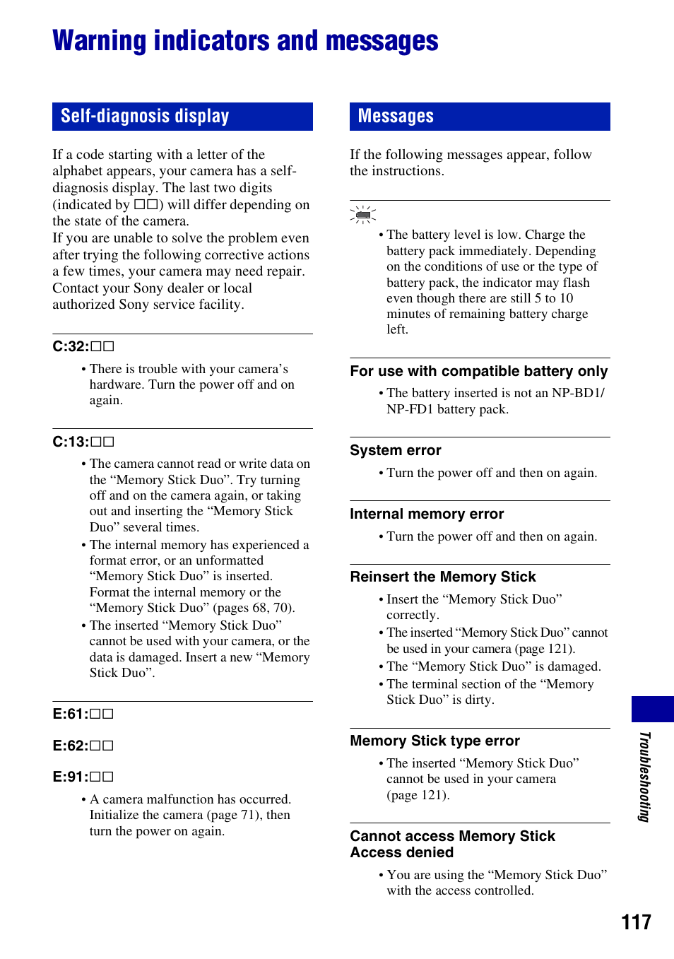 Warning indicators and messages, Ing (117), Ng (117) | Self-diagnosis display messages | Sony DSC-T200 User Manual | Page 117 / 131