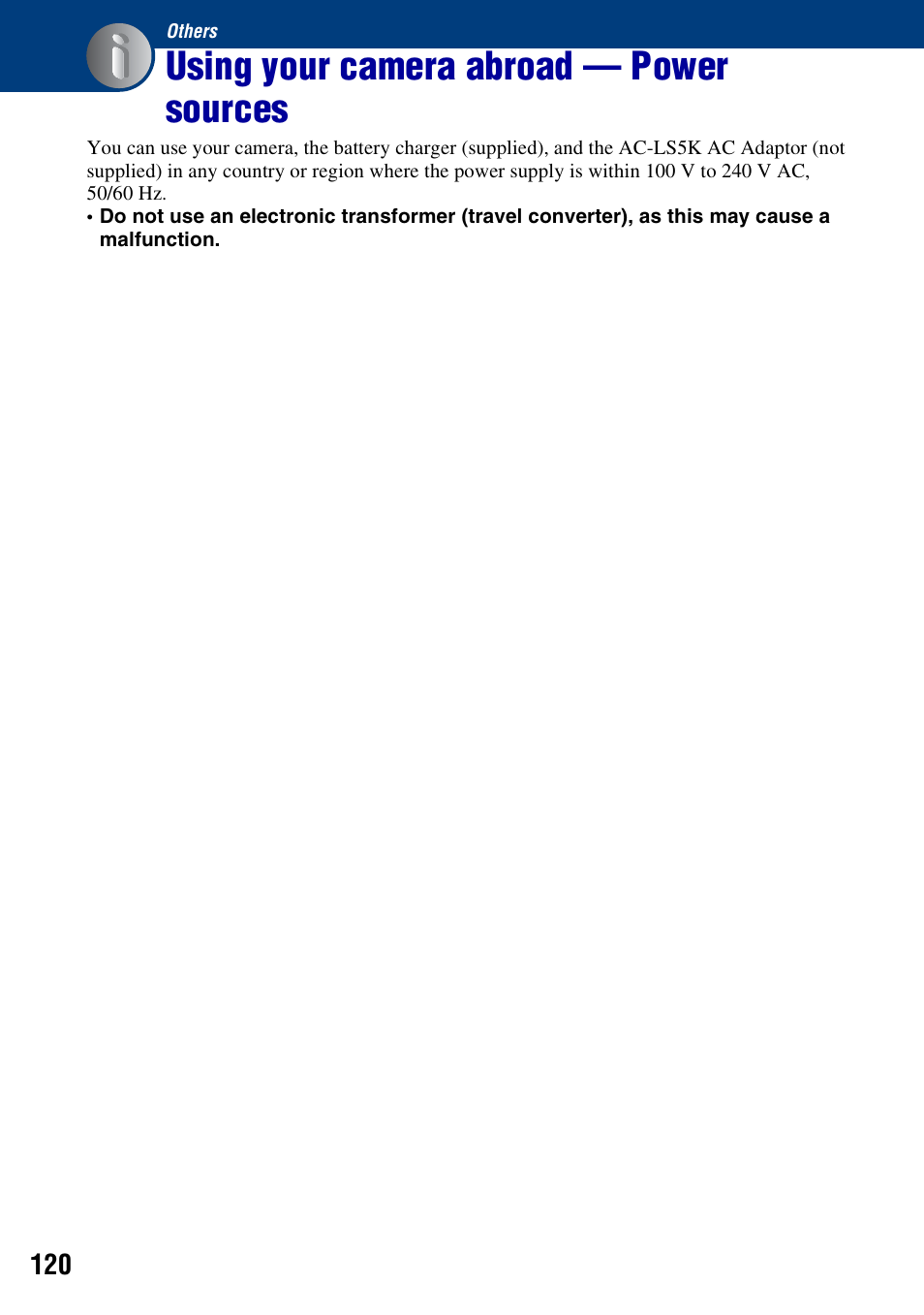 Others, Using your camera abroad - power sources, Using your camera abroad — power sources | Sony DSC-T200 User Manual | Page 120 / 131