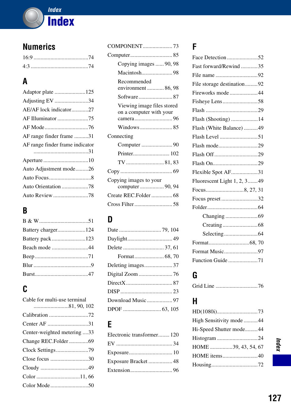 Index, Numerics | Sony DSC-T200 User Manual | Page 127 / 131