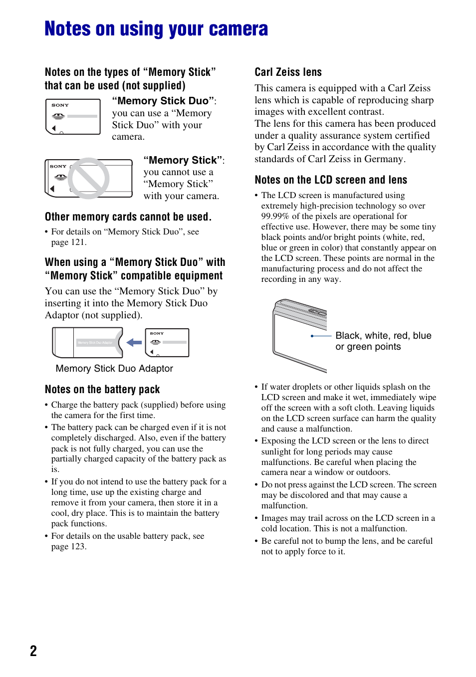 Notes on using your camera | Sony DSC-T200 User Manual | Page 2 / 131