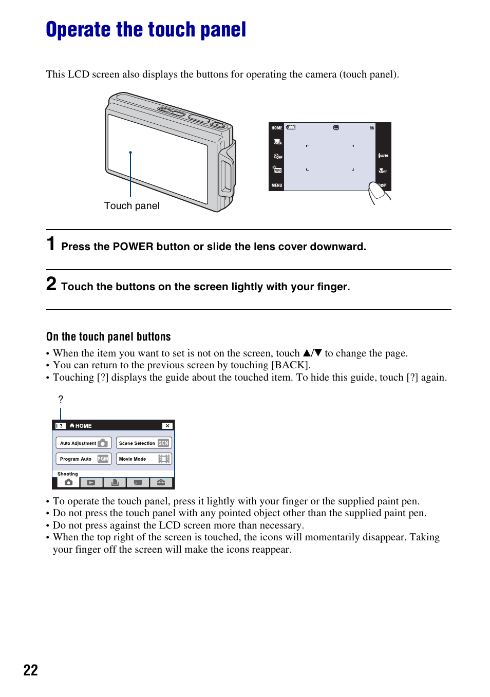 Operate the touch panel | Sony DSC-T200 User Manual | Page 22 / 131