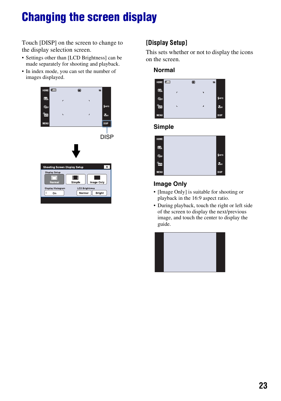 Changing the screen display | Sony DSC-T200 User Manual | Page 23 / 131