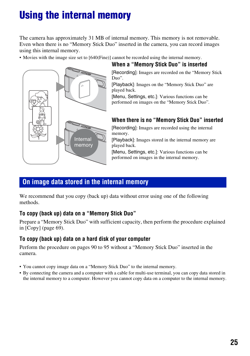 Using the internal memory | Sony DSC-T200 User Manual | Page 25 / 131