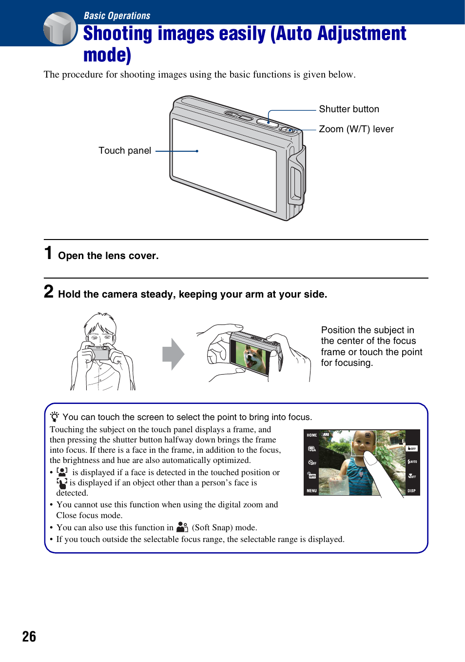 Basic operations, Shooting images easily (auto adjustment mode) | Sony DSC-T200 User Manual | Page 26 / 131