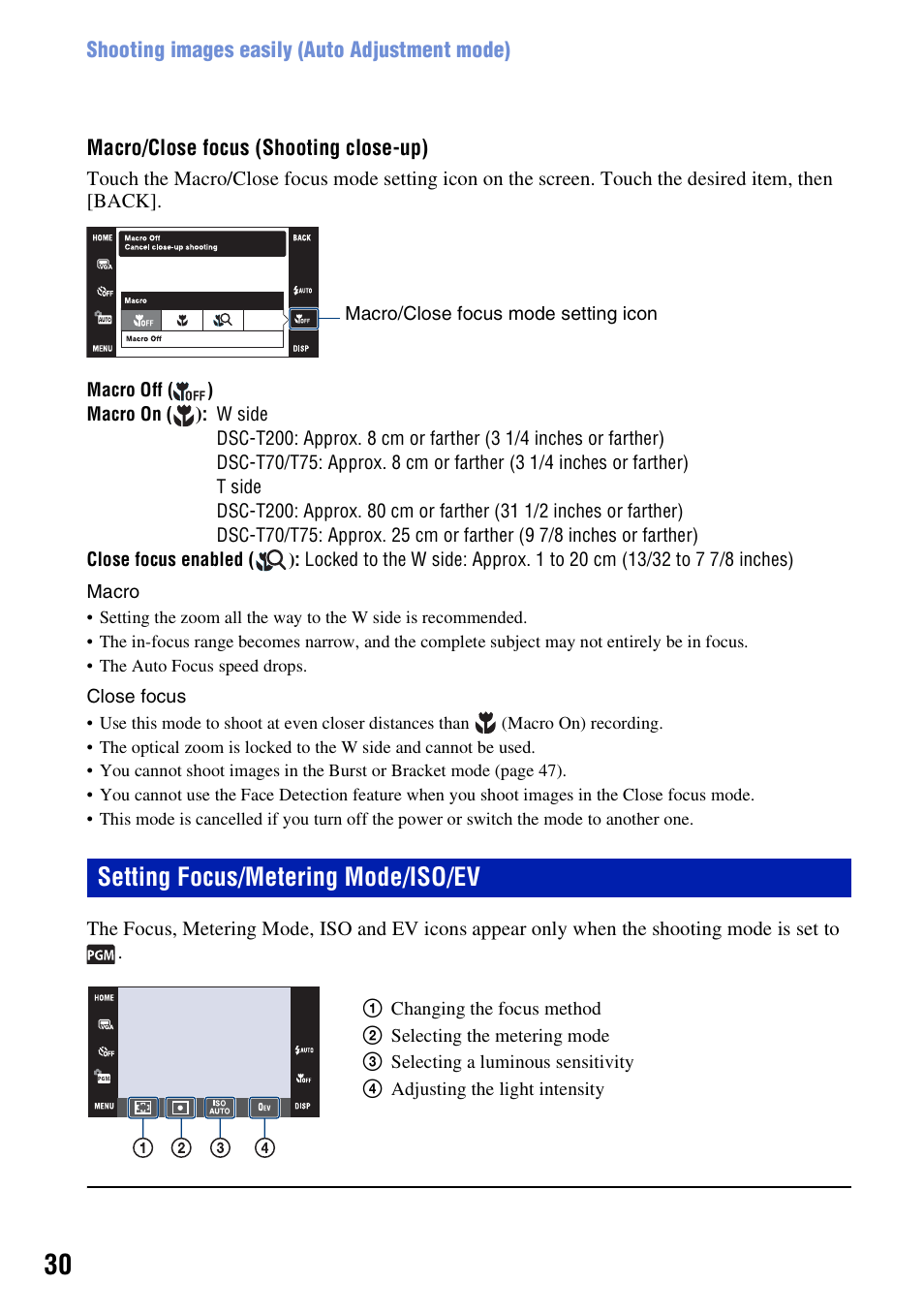 Setting focus/metering mode/iso/ev | Sony DSC-T200 User Manual | Page 30 / 131