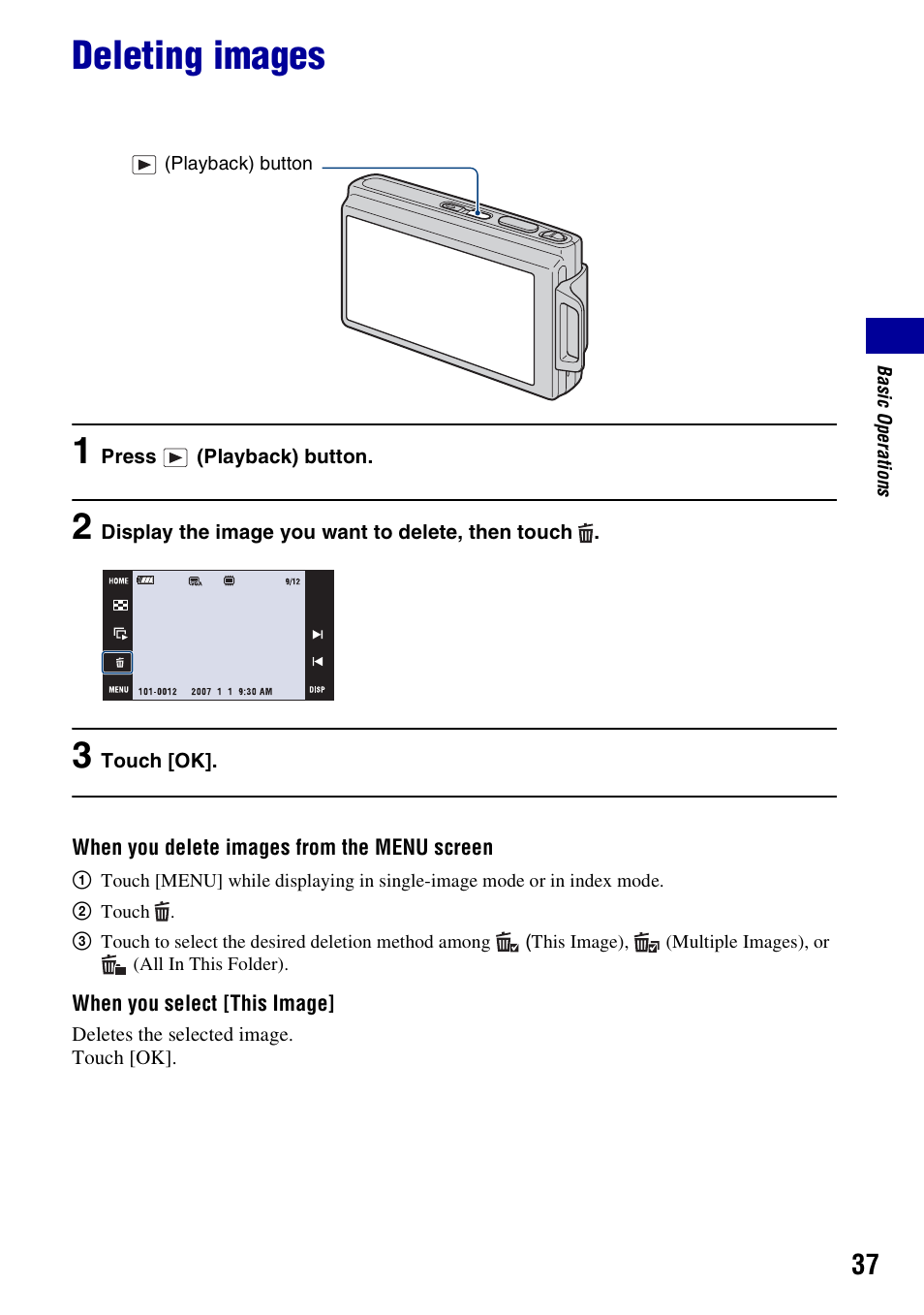 Deleting images | Sony DSC-T200 User Manual | Page 37 / 131