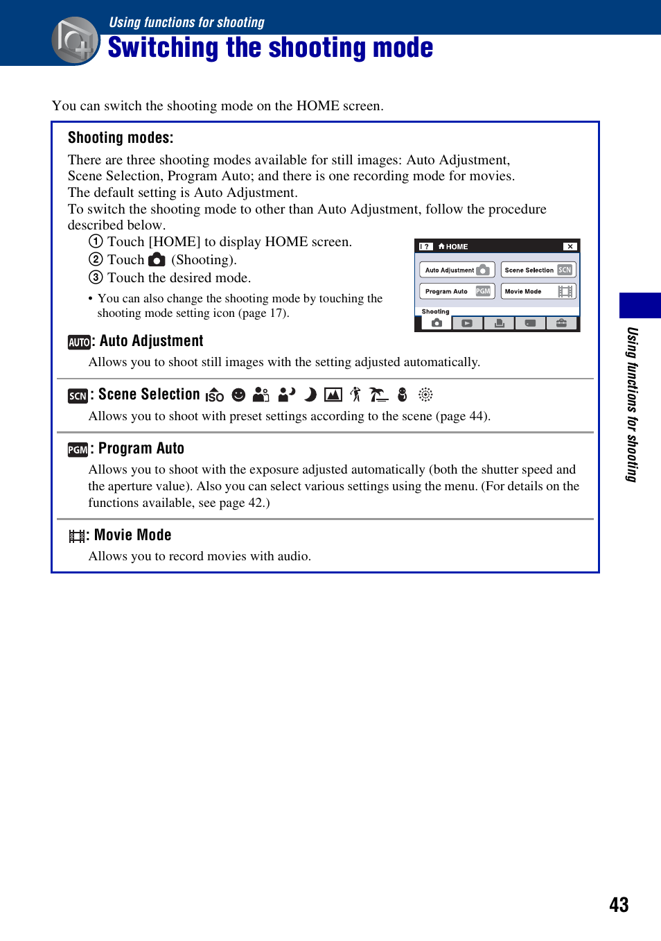 Using functions for shooting, Switching the shooting mode | Sony DSC-T200 User Manual | Page 43 / 131